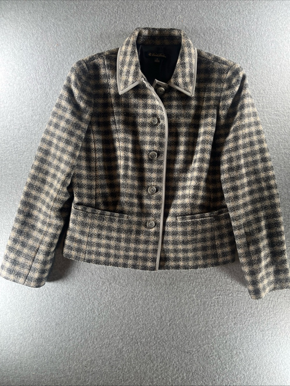 Brooks Brothers Blazer 100% Wool Women’s Tan Grey Checkered Lined Jacket Size 8